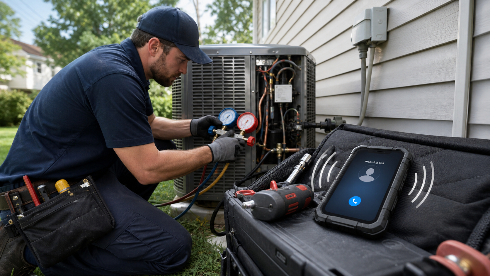 An HVAC technician working on an outdoor AC unit while a call comes in unanswered